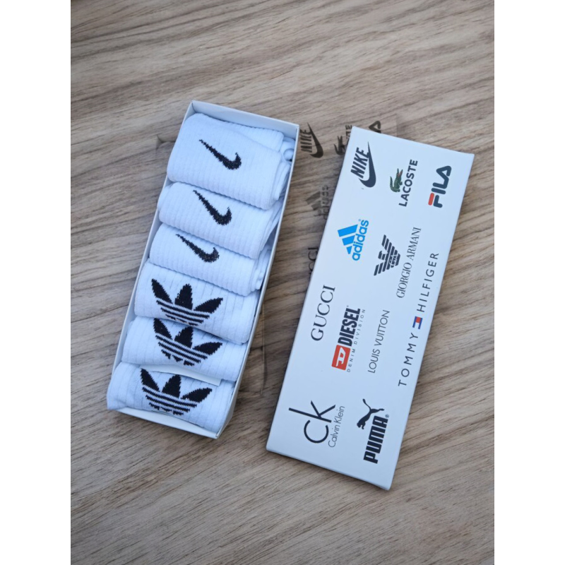 6 пар у коробці, подарунковий набір шкарпеток NIKE + ADIDAS білі 41-44р. 6 пар у коробці, подарунковий набір шкарпеток NIKE + ADIDAS білі 41-44р.